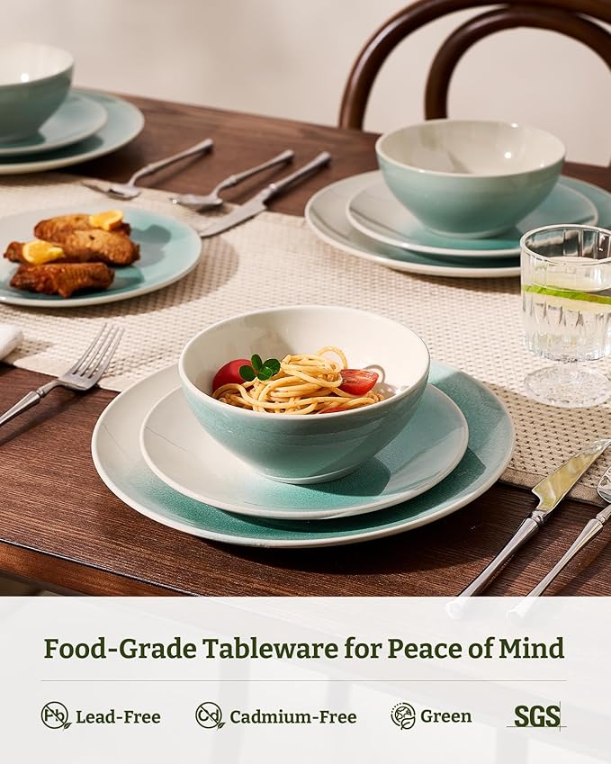 Famiware Glacier Stoneware Dinnerware Sets, 24-Piece Plates and Bowls Set for 8, Reactive Glaze Dishes, Everyday & Formal Use, Dishwasher/Microwave Safe, Chip/Scratch Resistant, Two-Color Glazed, Aqua