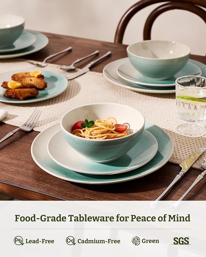 Famiware Glacier Stoneware Dinnerware Sets, 18-Piece Plates and Bowls Set for 6, Reactive Glaze Dishes, Everyday & Formal Use, Dishwasher/Microwave Safe, Chip/Scratch Resistant, Two-Color Glazed, Aqua