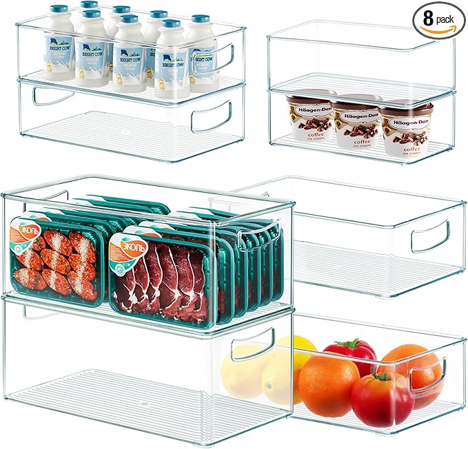 Heyuzb 8 PACK Freezer Organizer Bins Fridge Organizer Storage Stackable Deep Freezer Storage Bins with Side Handles Refrigerator Organizers and Storage Home Organization Must Haves