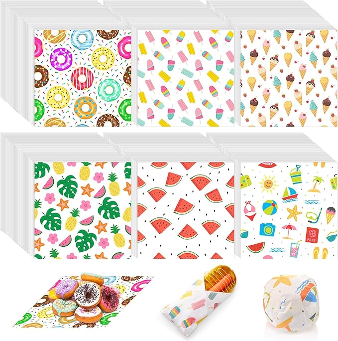 Reallnaive 600 Pcs Summer Food Wax Paper Sheets 12 x 12 Inch Parchment Deli Tissue Paper Sandwich Wrapping Sheets Food Basket Liners for Kitchen Restaurant Baking Supplies, 6 Styles