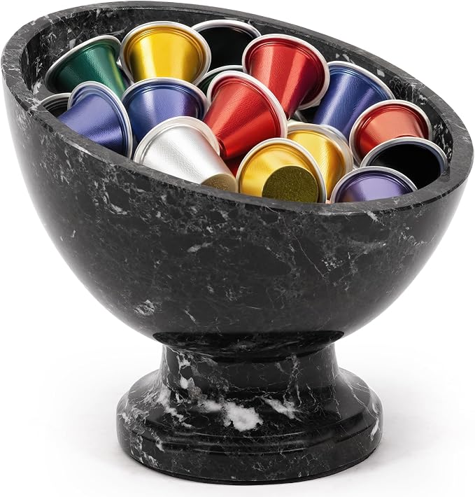 Marblous Krafts Marble Coffee Pod Holder Black Zebra 7 Inch Stone Bowl Coffee Bar Decor, Coffee Station Organizer for Countertop, Espresso Accessories Storage, K Cup & Pod Holder,