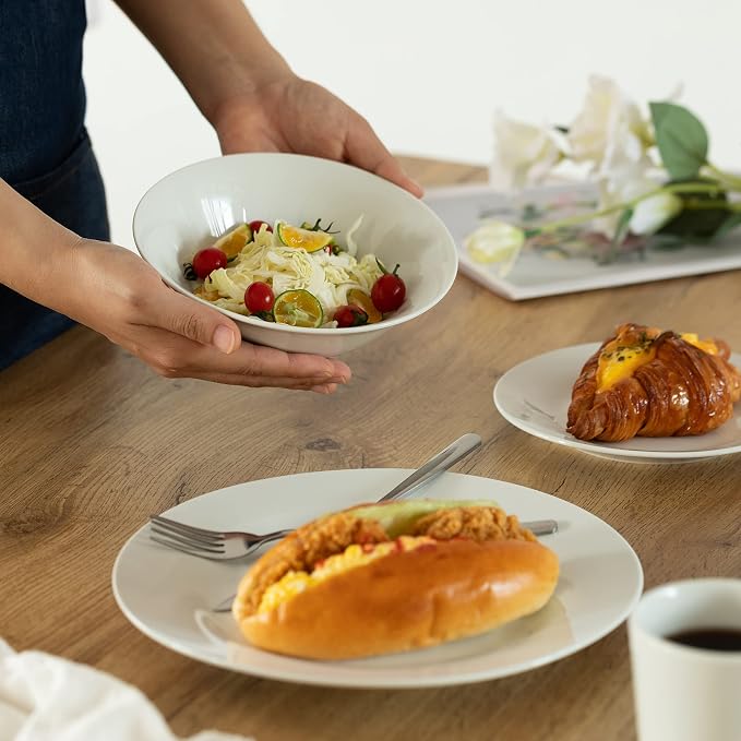 Rimmed Dinnerware Set | Mugs, Salad and Dinner Plates and Bowls Sets, Dishes with Highly Chip and Crack Resistant, Dishwasher and Microwave Safe (White, Service For 8)