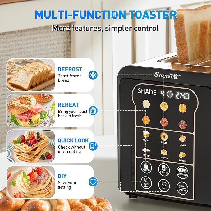 Secura Brands 2 Slice Automatic Toaster, Touch Screen Smart Toaster with Digital Timer, 6 Bread Types, 6 Browning Levels, Reheat/Defrost, +10s Extend, Custom Memory Settings for Home, RV, Office