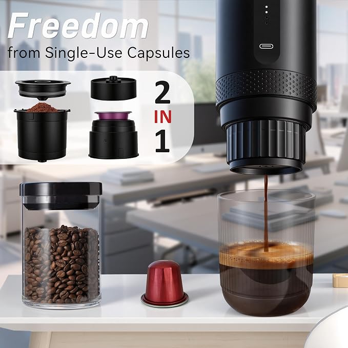 Portable Coffee Maker Electric Espresso Machine, Coffee Espresso Maker for Travel Self-Heating USB-C, Battery Powered with 7800mAh, for Ground Coffee & NS Capsule, for RV, Hiking, Office,Gifts for Men