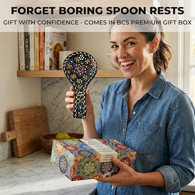 BCS Ceramic Spoon Rest, Large 9” Hand Painted Spoon Holder for Stove Top & Kitchen Counter, Dishwasher Safe & Heat Resistant Utensil Holder, Floral Kitchen Decor, Handmade Pottery