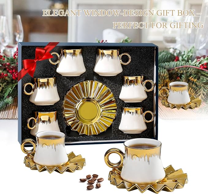 3.5oz Ceramic Turkish Coffee Cup Set of 6, Porcelain Espresso Cups and Saucers British Italian Cappuccino Cups with Gold Trim for Double Espresso Cappuccino Latte Mocha Tea (White)