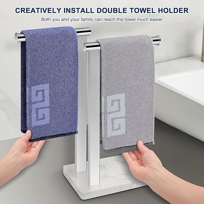 NearMoon Hand Towel Holder with Balanced Marble Base, SUS304 Stainless Steel Stand Towel Ring L Shape Hand Towel Rack Free-Standing Towel Bar for Bathroom Kitchen Countertop (Double Rod, Chrome)