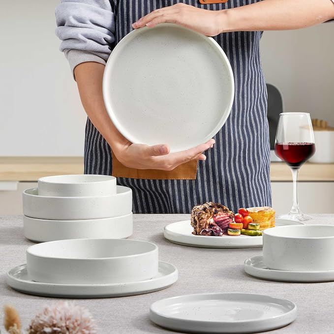 Herogo 8 Piece Dinnerware Sets with Pasta Bowls for 2, Dinner Salad Plates and Cereal Serving Bowls, Stoneware Dishes Dinner Ware for Kitchen Dining, Chip & Scratch Resistant Dishware, Speckled White