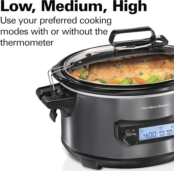 Hamilton Beach Portable 6 Quart Set & Forget Programmable Slow Cooker | Temperature Probe | Lid Lock For Easy Travel | Dishwasher Safe Crock & Glass Lid | Black Stainless Steel | 33866