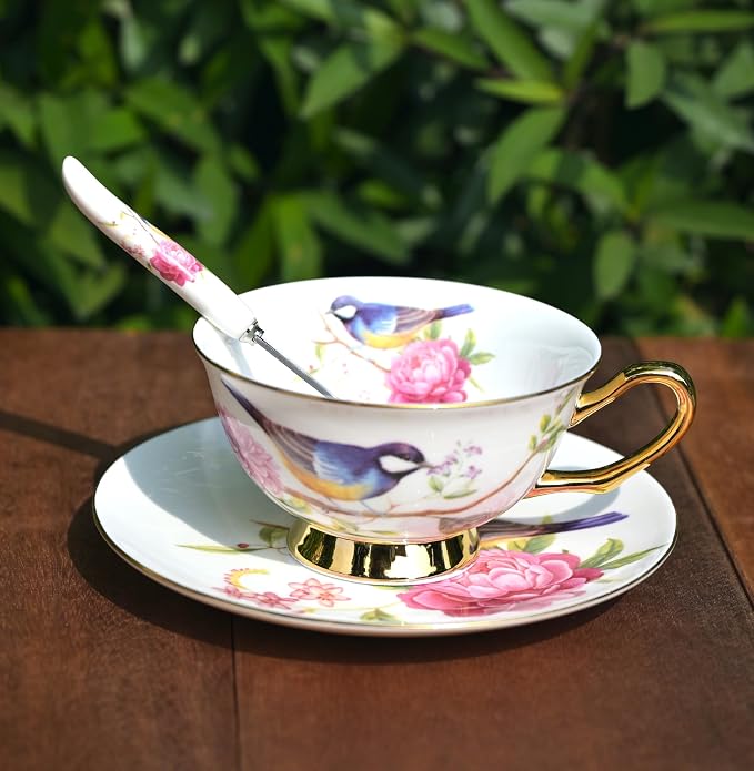 British Coffee Cup 3 Piece Set（6.8oz） Household Fashional Tea Cup with Saucer Spoon (white-magpie)