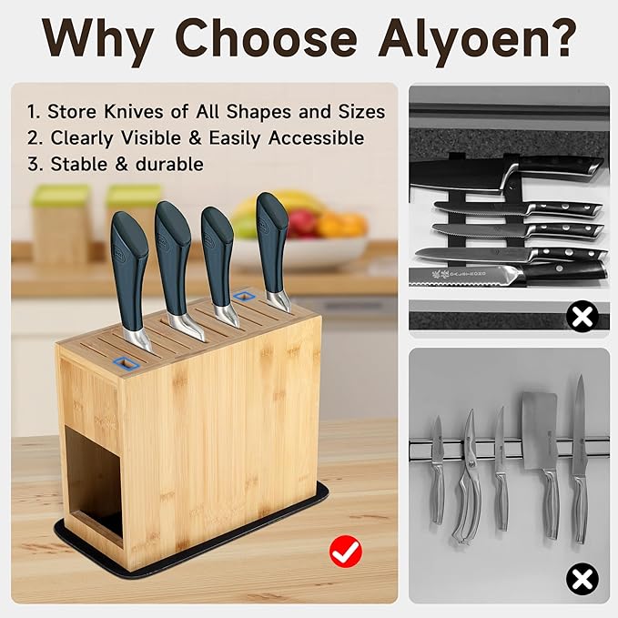 Double-Sided Magnetic Knife Holder Rack - Bamboo Wood Storage Stand with Absorbent Protection Pad, Can Hold Up to 26 Knives.