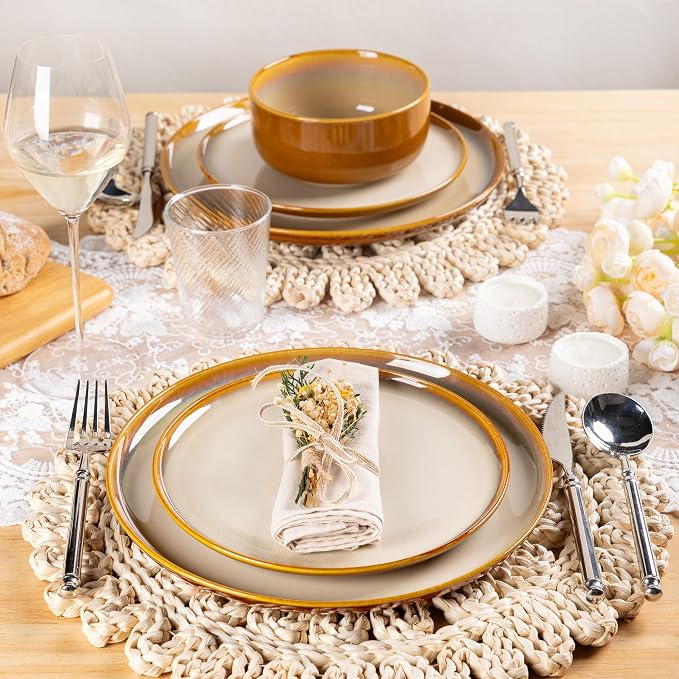 LERATIO Ceramic Dinnerware Sets for 4,12 Pieces Poreclain Plates and Bowls Sets,Scratch Resistant Dishes,Dishwasher & Microwave Safe Dishes Set,Service for 4-Kahki