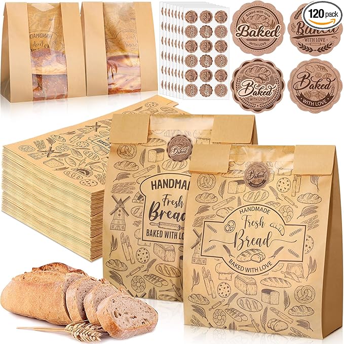 Spakon 120 Pack Large Kraft Paper Bread Bags for Homemade Bread 14 x 8.3 x 3.5 Sourdough Bakery Bags with Window with 120 Pcs Baked with Love Stickers for Baked Food Packaging Storage