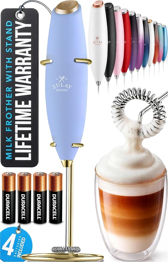 Zulay Kitchen Powerful Milk Frother Wand With 4 AA Duracell Batteries - Ultra Fast Handheld Drink Mixer - Electric Whisk Foam Maker for Coffee, Lattes, Cappuccino, Matcha & Creamer - Blue & Gold
