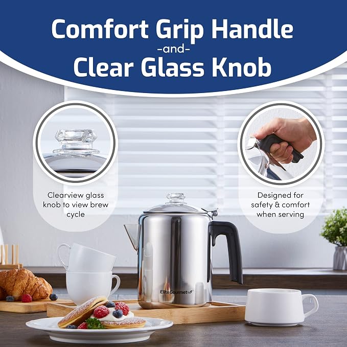 Elite Gourmet EC008 Classic Stovetop Coffee Percolator,Glass Clear Brew Progress Knob,Cool-Touch Handle,Cordless Serve,8-Cup,Stainless Steel,(Pack of 12)