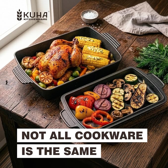 KUHA Square Cast Iron Dutch Oven 2-in-1 | Pre-Seasoned Cast Iron Cookware | Skillet Lid & Casserole Dish | For Baking, Roasting & Grilling | Chainmail Scrubber Included | 13" x 9", 6 QT