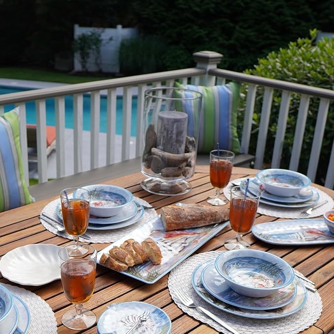 Seacoast Melamine 12 Piece Dinnerware Set – Coastal Beach-Themed Plates and Bowls, Service for 4 with Shell and Ocean Art, Break-Resistant BPA-Free Reusable Dinnerware, Dishwasher Safe Indoor/Outdoor