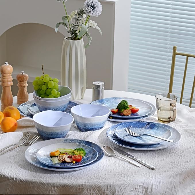 12PCS Melamine Dishes Set Blue, Nautical Plates and Bowls Sets for 4,Lightweight,Durable and Stackable for Camping, RV, Picnic and Outdoor Dining
