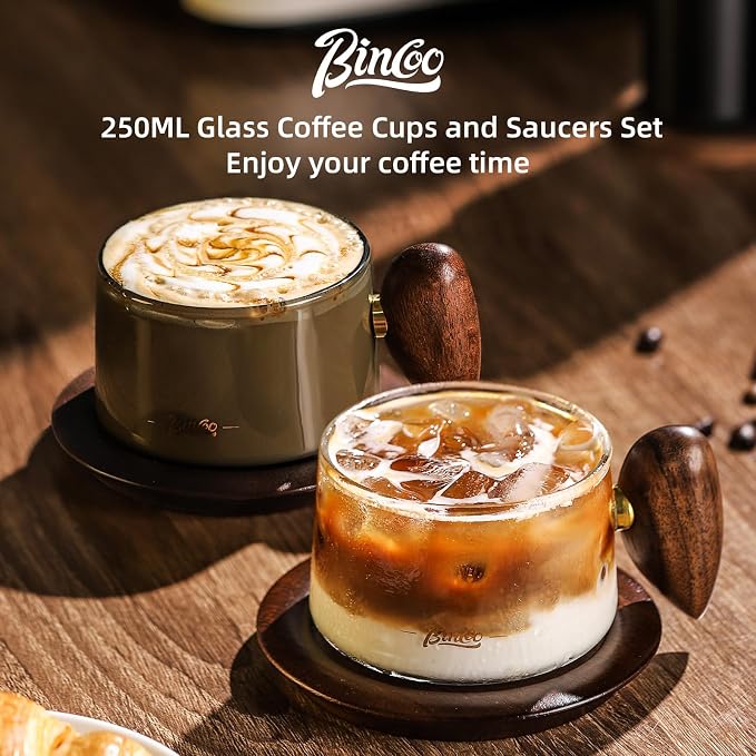 Bincoo Glass Coffee Cups and Saucers Set, 250ML Clear Glass Iced Coffee Mug Espresso Cup Tea Cup with Walnut Handle and Coaster (Gray)