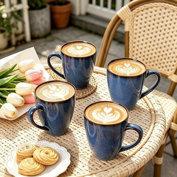 MONITO 17 OZ Coffee Mugs Set of 4, Large Ceramic Blue Coffee Mugs Set with handle for Tea/Latte/Milk/Cocoa, Funny Tea Cups for Office and Home, Engagement Gifts.(Starry Blue)
