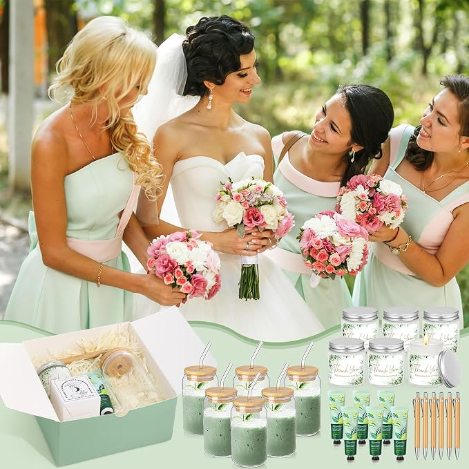 Reallnaive 6 Sets Baby Shower Prizes for Game Winners, Baby Shower Favors Including Glass Cup Scented Candles Hand Cream Pens Gift Box with Raffia for Gender Reveal Wedding Bridal Party Prizes(Green)