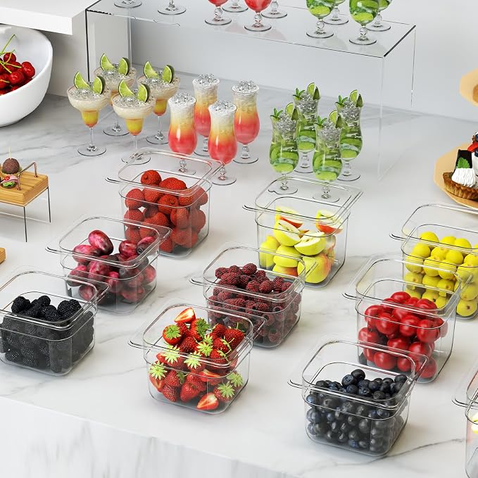 Plastic Clear Food Pan 1/6 Size Stackable Polycarbonate Pan with Capacity Indicator Restaurant Commercial Hotel Pans for Fruits Vegetables Beans Corns (12 PCS, 2.5'' Deep)