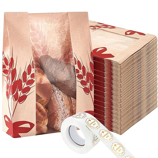 Gueevin 1000 Pcs Kraft Paper Bread Bag for Homemade Bread Large Sourdough Loaf Bag with Clear Window Bakery Food Package Storage with 500 Pcs Sticker for Popcorn Cookies, 14x8.3x3.2''
