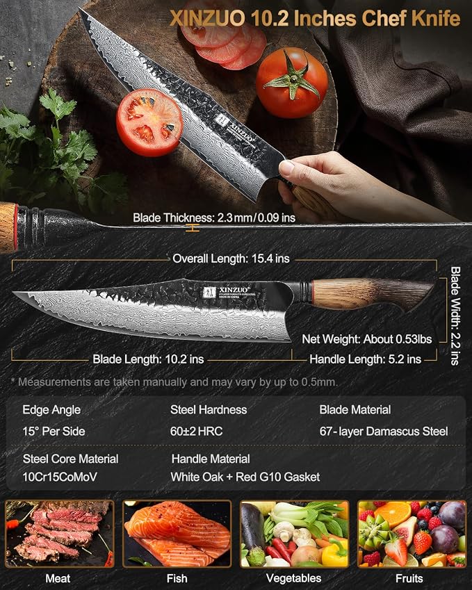 XINZUO 10 inch Professional Chef Knife,67 Layers 10Cr15CoMov High Carbon Damascus Steel Knife For Kitchen,Very Sharp，White Oak + Red G10 Gasket Handle