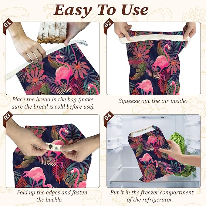 Bread Bags for Homemade Bread, Pink Flamingo Tropical 2 Pack Linen and Beeswax Sourdough Storage Bags, Reusable Keeper, Keeps Breads Fresh Longer, Gifts for Bakers
