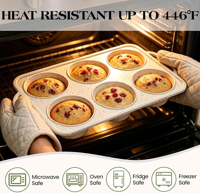 Jumbo Muffin Pan with Metal Frame Nonstick 6 Cup Extra Large Silicone Cupcake Pan for Baking, Deep Jumbo Muffin Tray for Egg Bites Muffins, Confetti Color Cream Gifts for Mom Home Baker（1 Pc）