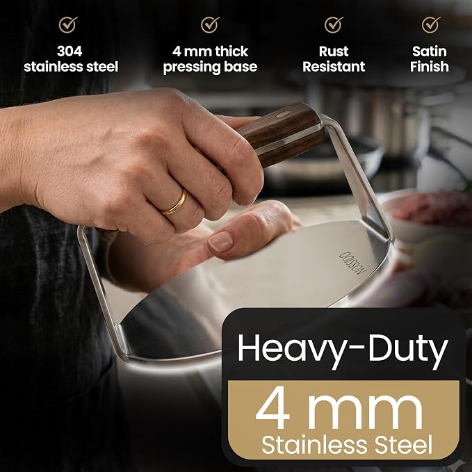 Heavy-Duty Smash Burger Press, 304 Stainless Steel, 6.5 Inch Diameter, 4mm Thick - Round Smasher for Flat Top Griddle & Cast Iron, Natural Walnut Handle, Satin Finish - Griddle Accessories