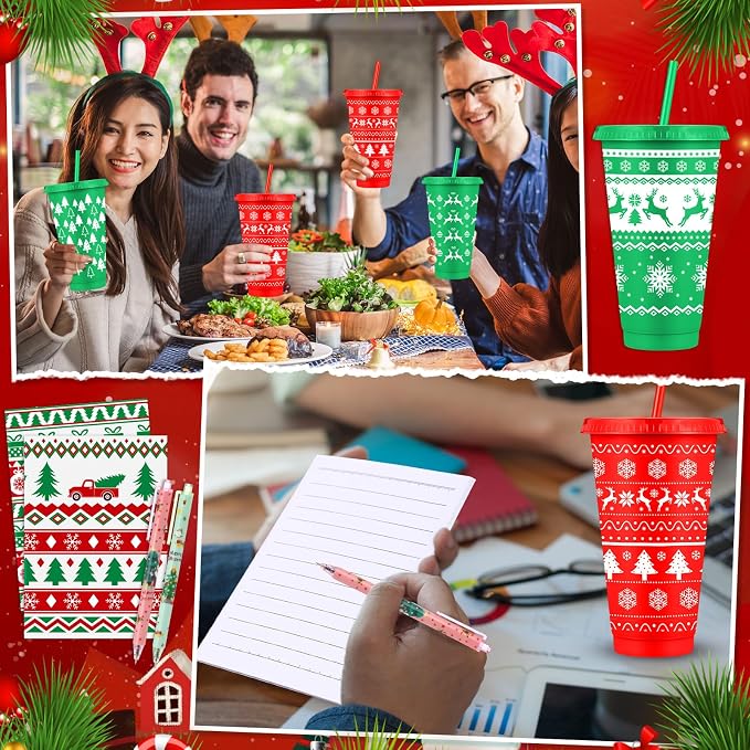 Feifeiya 72 Pcs/ 24 Set Christmas Bulk Gifts for Coworkers 24 oz Christmas Tumbler with Lids and Straws Xmas Pens Notepads Set Reusable Plastic Cups Gift for Xmas Holiday Party Supplies Employee