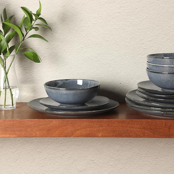Gibson Elite Sandy Pines Stoneware Plates and Bowls Set - 12 Piece Reactive Glaze Dinnerware Set - Service for 4 - Dishwasher and Microwave Safe - Blue