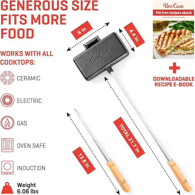 Uno Casa - XL Pie Irons Cast Iron Sandwich Maker - Mountain Japanese Sandwich Maker with Recipe Book - Durable Campfire Cooking Equipment for Toasted Pies, and More