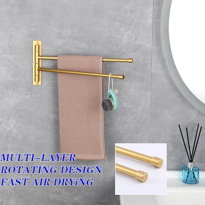 GERZWY Bathroom Swing Arm Towel Bars 2-Arm Wall Mount Stainless Steel Bath Towel Rack Hanger Towel Holder Organizer Gold Finished HYG02-BE