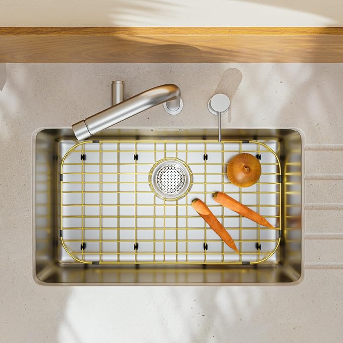 Gold Large 26" x 14" Kitchen Sink Grid,Sink Protector for Kitchen Sink,Stainless Steel Sink Rack with strainer,sink grate for Bottom of Sink,Rear Drain with Corner Radius,Stainless Steel