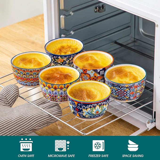 vancasso 8 Oz Ramekins Oven Safe Set of 6, Bohemian Creme Brulee Ramekins, Colorful Souffle Dishes, Pudding Custard Cups for Baking, Small Ceramic Bowls for Snacks, Ice Cream