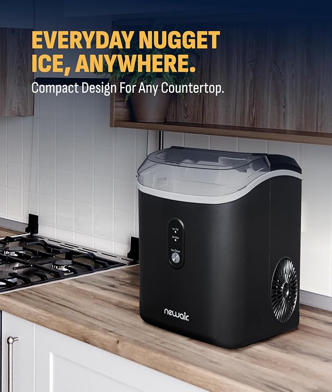 NewAir Nugget Ice Maker | Countertop Portable Ice Machine | 26 lbs/Day Soft Chewable Nugget Ice in 10 Min | Matte Black Compact Design