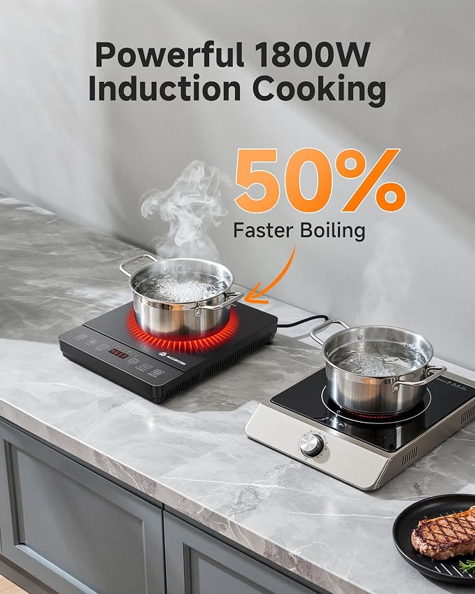 Portable Induction Cooktop 20 Temperature & Power Levels,1800W Single Burner Electric Cooktop with 6.8 inch Heating Coil, Hot Plate with Timer