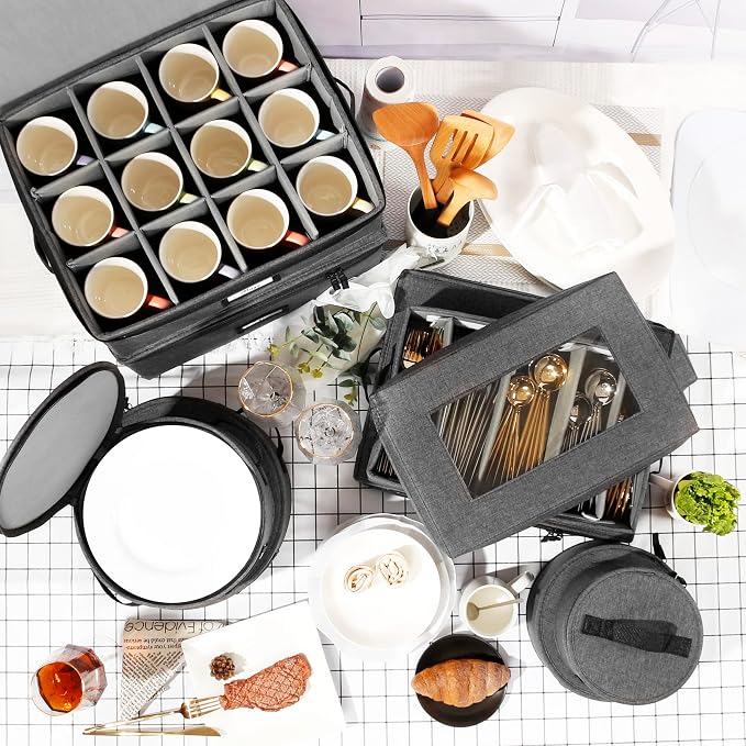 Homelux Theory Silverware Organizer with Lid, Hard Shell China Storage Containers for Flatware Storage, Heavy Duty Silverware Storage Box for Packing Serving Utensils with 5 Dividers and Thick Surface
