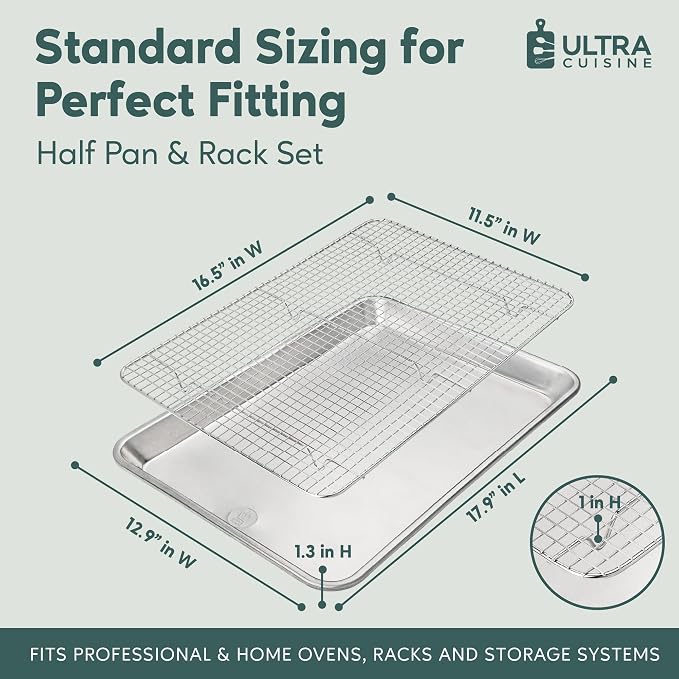 Ultra Cuisine Aluminum Baking Sheet with Stainless Steel Cooling Rack Set -Half Sheet Size Pan 13 x 18 inch, Durable Rimmed Sides, Easy Clean, Commercial Quality for Cooking and Roasting