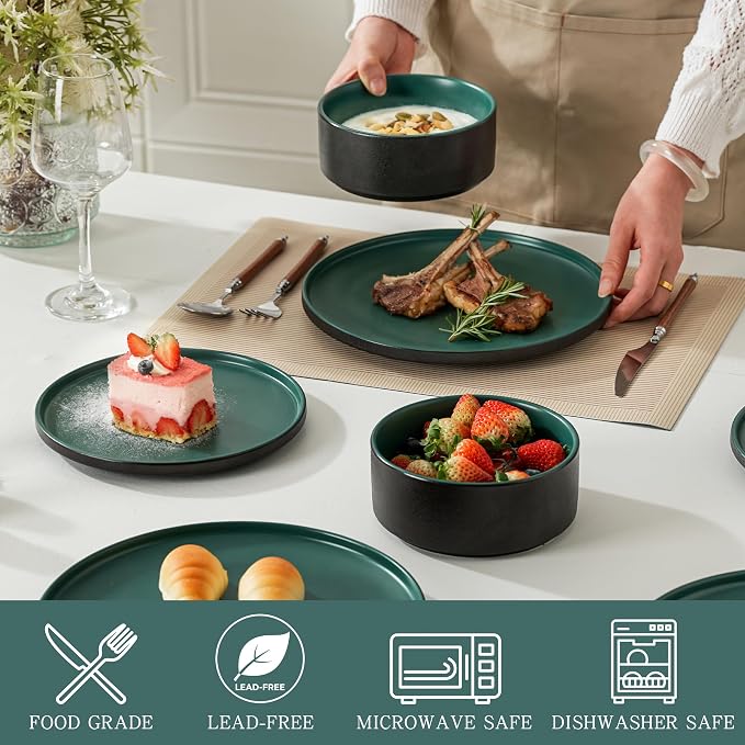 6 Piece Dinnerware Set, Modern Minimalist Stoneware Plates and Bowls Sets, Modern Dinner Plate, Salad Plate, Cereal Bowl, Dish Set for 2, Microwave and Dishwasher Safe, Matte Green