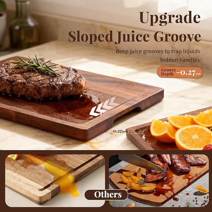 Walnut Wood Cutting Boards for Kitchen 3 Packs, Solid Wooden Cutting Board Set with Holder, Large-Small Chopping Boards with Deep Juice Grooves, Non Toxic 100% Natural, Perfect House Warming Gifts