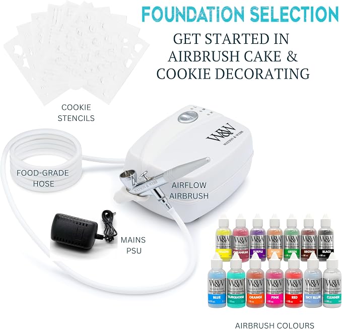 Watson & Webb Foundation Selection - 17pcs Cake Airbrush Decorating Kit - Inc Professional 3 Speed Mains Powered Spray Gun, 13 Vibrant Colours, and Tools - for Food, Cakes, Cookies & Baking