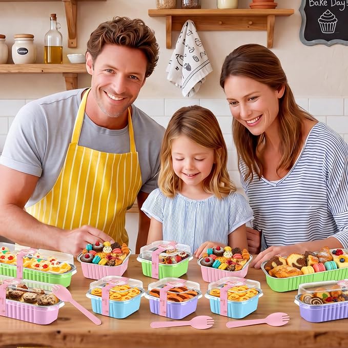 LemonRoad 120 Pcs Mini Loaf Pan with Lids and Spoons 6.8oz Rectangular Aluminum Foil Bread Pan 5oz Square Cake Cup with Decal Disposable Baking Supply for Graduate Wedding Birthday (Macaron Colors)