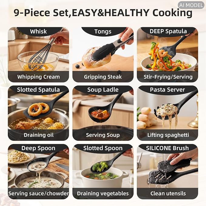 Kitchen Utensils Set,9 PCS Silicone Cooking Utensils Set Spatula Set,Non Toxic Cooking Utensils,Tongs,Spoon,Whisk,Brush,BPA Free Kitchen Gadgets for Non-Stick Cookware,Home Essential(Black-9P)