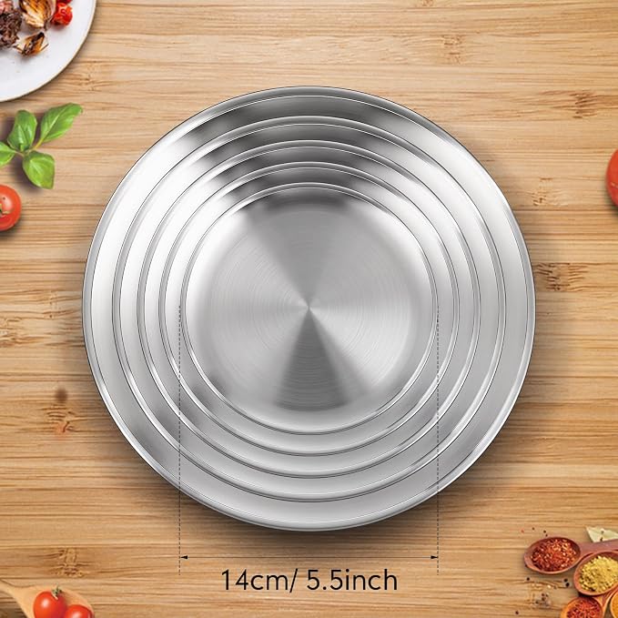 Thenshop 8 Pieces 5.5 Inch Stainless Steel Mini Baking Pans, Small Round Serving Trays, Reusable Metal Plates for Toaster Oven, Mini Pizza, Cookies, Appetizers, Desserts, Camping, Restaurant Kitchen