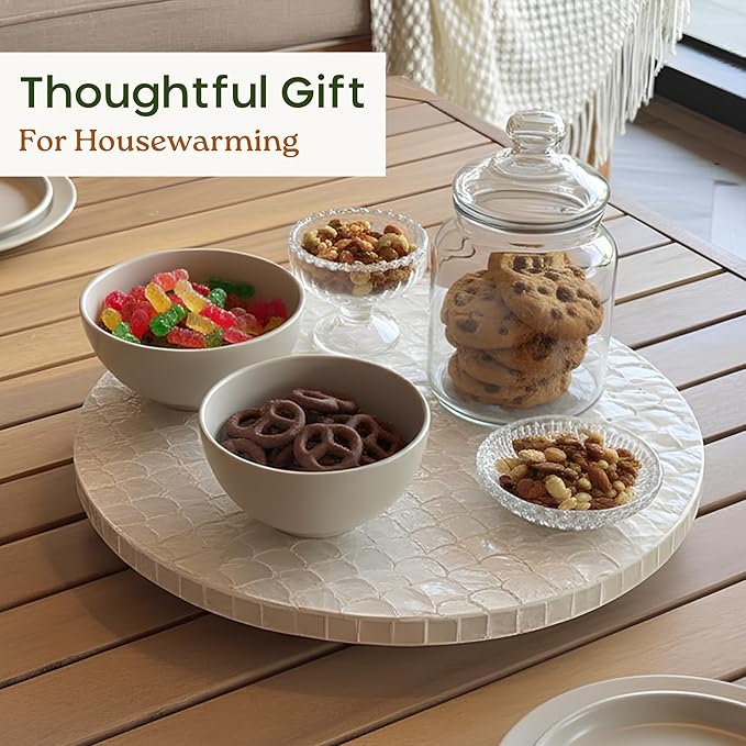 CHI AN HOME 12 Inch Capiz Lazy Susan, Decorative Lazy Susan Turntable Centerpiece for Dining Table, Kitchen Counter, Round Mother of Pearl Capiz Shells Spinning Tray for Countertop & Tabletop (White)