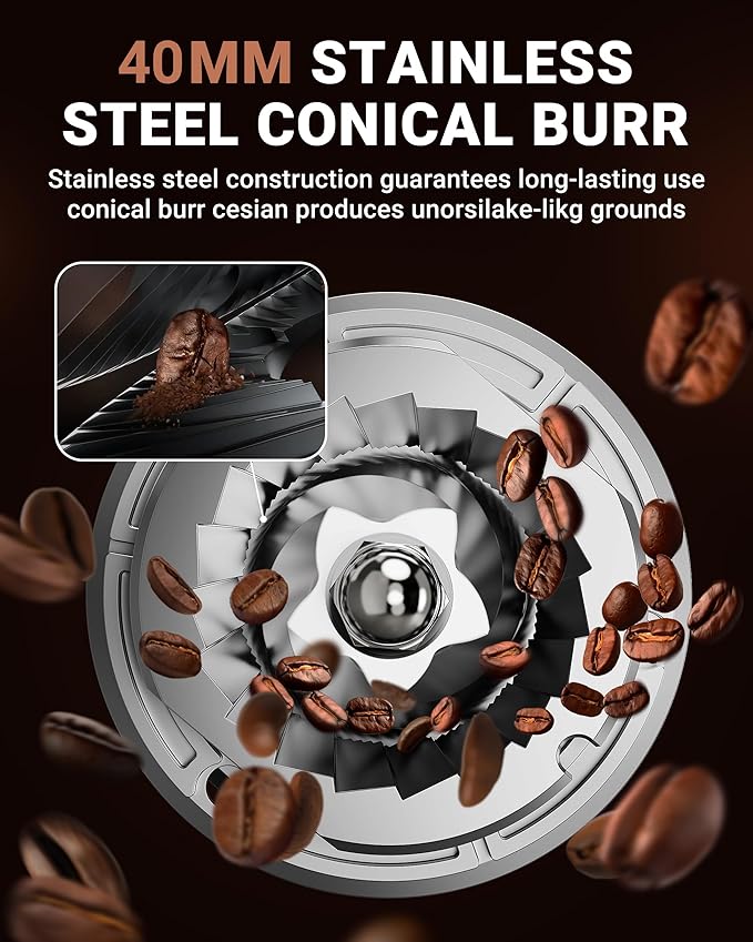 AMZCHEF Coffee Grinder, Coffee Bean Grinder for Home Use with Precise Grinding, LED Control Panel, Detachable Funnel Stand, Anti-static Design, 48 Grind Settings, Metallic Silver