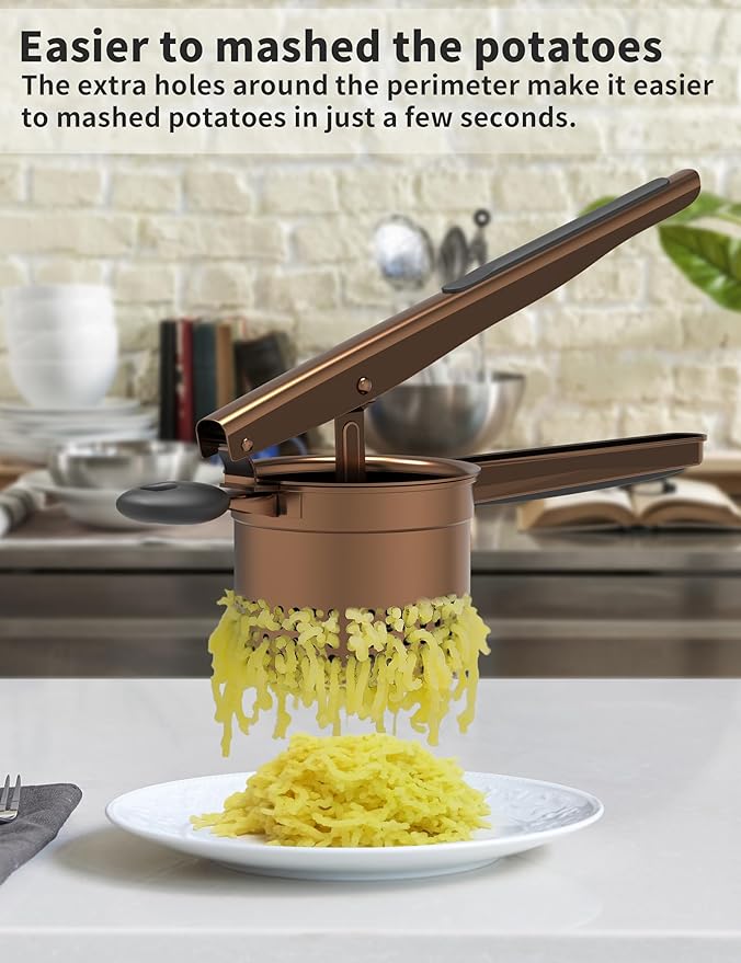 GloTika Large 15oz Potato Ricer, Heavy Duty Stainless Steel Ricer for Mashed Potatoes, Sweet Potato Masher Kitchen Tool with Ergonomic Handle, Press and Mash Kitchen Gadget, Bronze Color